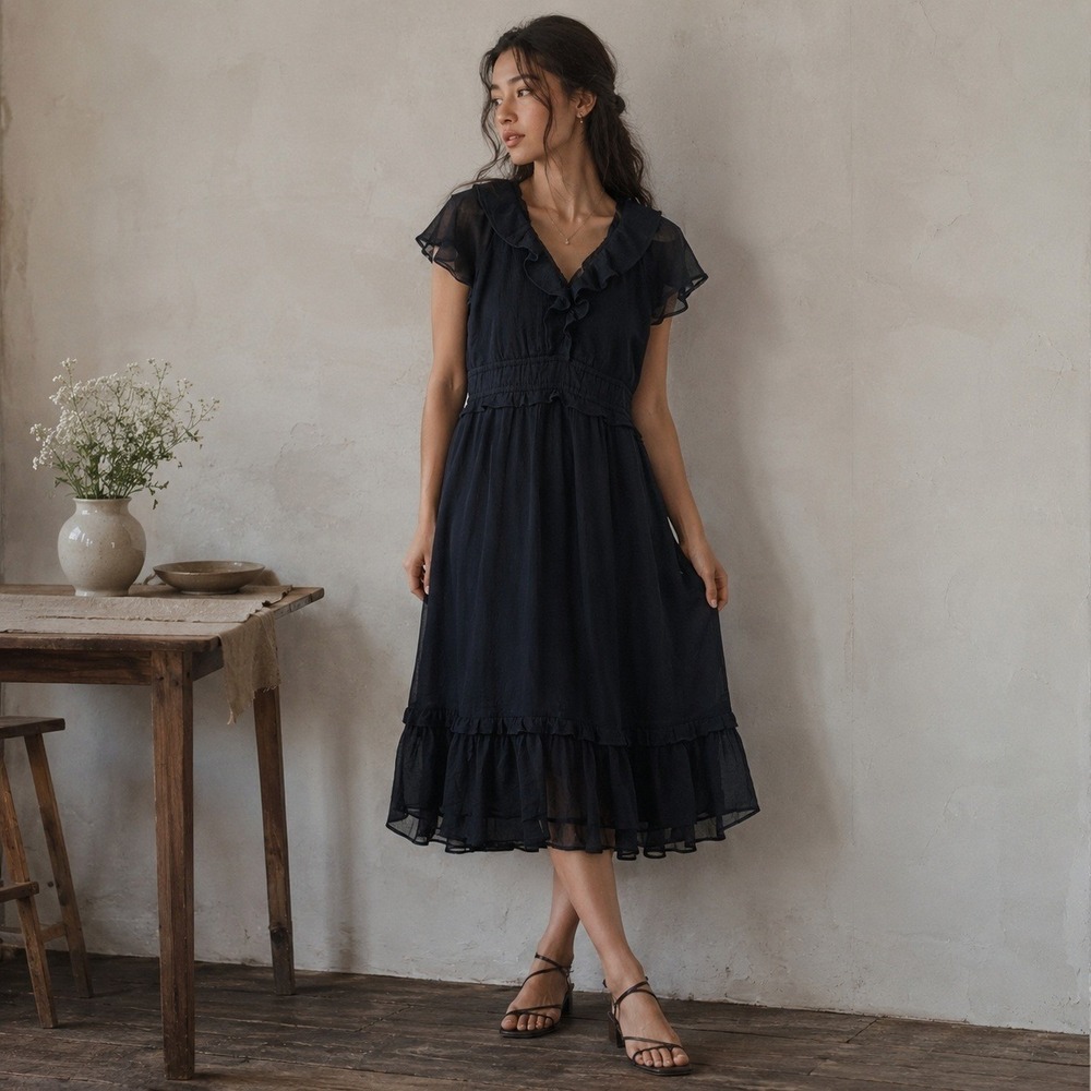 NWT Old Navy Midi Dress Women 2X‎ Black Ruffle Chiffon Cottagcore Whimsigoth